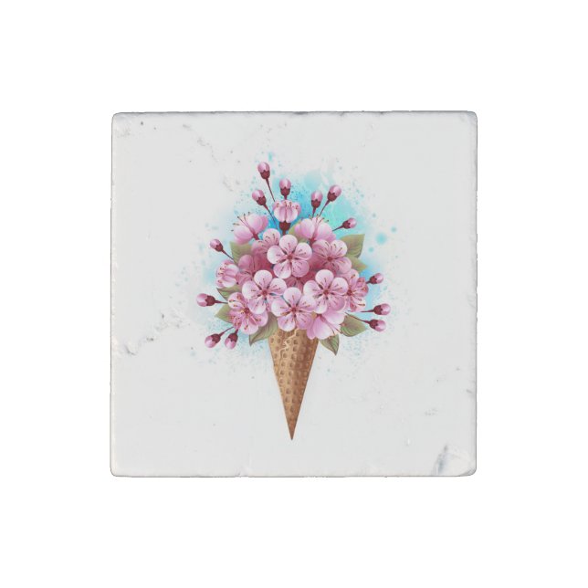 Pink Sakura Ice Cream Waffle Cone Stone Magnet (Front)