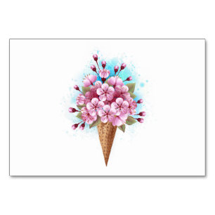 Pink Sakura Ice Cream Waffle Cone Table Number