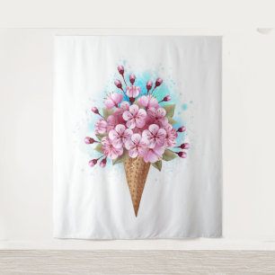 Pink Sakura Ice Cream Waffle Cone Tapestry