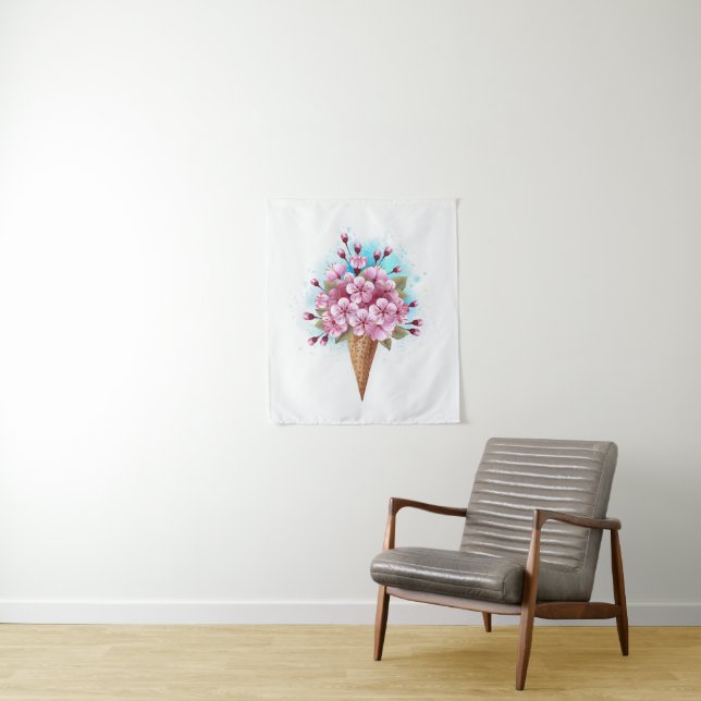 Pink Sakura Ice Cream Waffle Cone Tapestry (In Situ)