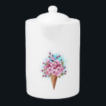 Pink Sakura Ice Cream Waffle Cone Teapot<br><div class="desc">Sweet waffle cone with fresh,  pink Japanese cherry blossoms on white background with blue watercolor streaks. Pink Japanese cherry.</div>