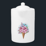 Pink Sakura Ice Cream Waffle Cone Teapot<br><div class="desc">Sweet waffle cone with fresh,  pink Japanese cherry blossoms on white background with blue watercolor streaks. Pink Japanese cherry.</div>