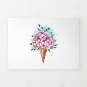 Pink Sakura Ice Cream Waffle Cone Tri-Fold Holiday Card