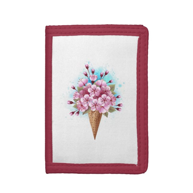 Pink Sakura Ice Cream Waffle Cone Trifold Wallet (Front Vertical)