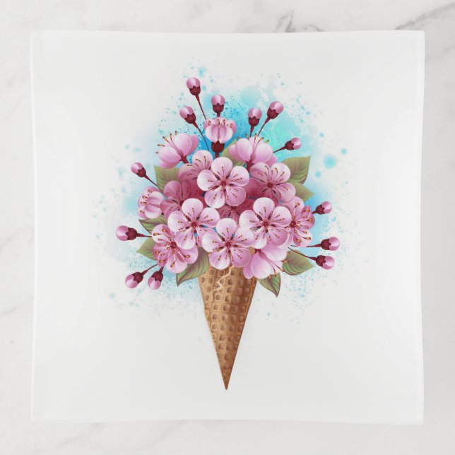 Pink Sakura Ice Cream Waffle Cone Trinket Tray (Front)