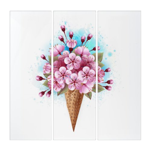 Pink Sakura Ice Cream Waffle Cone Triptych