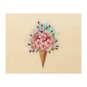 Pink Sakura Ice Cream Waffle Cone Wood Wall Art
