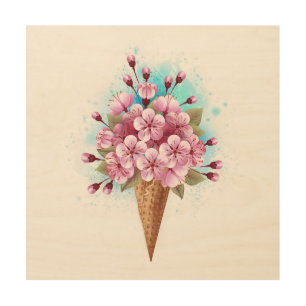 Pink Sakura Ice Cream Waffle Cone Wood Wall Art