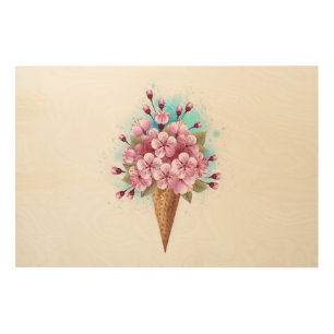 Pink Sakura Ice Cream Waffle Cone Wood Wall Art