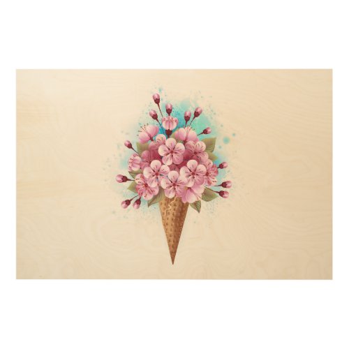 Pink Sakura Ice Cream Waffle Cone Wood Wall Art