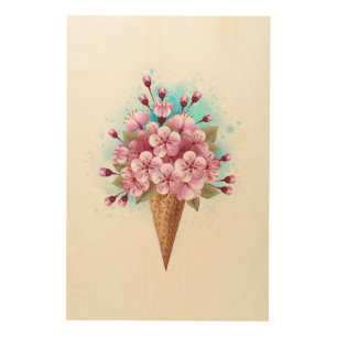 Pink Sakura Ice Cream Waffle Cone Wood Wall Art