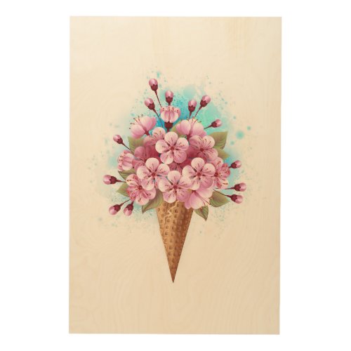 Pink Sakura Ice Cream Waffle Cone Wood Wall Art