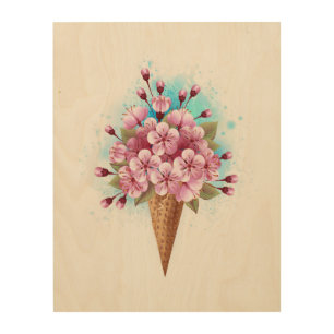 Pink Sakura Ice Cream Waffle Cone Wood Wall Art