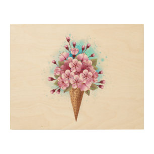 Pink Sakura Ice Cream Waffle Cone Wood Wall Art