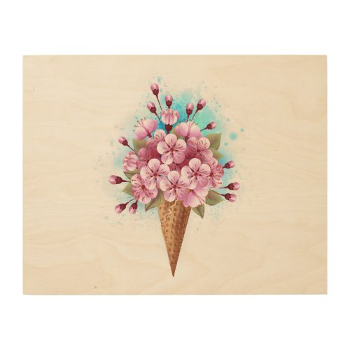 Pink Sakura Ice Cream Waffle Cone Wood Wall Art