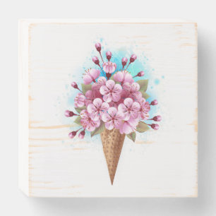 Pink Sakura Ice Cream Waffle Cone Wooden Box Sign
