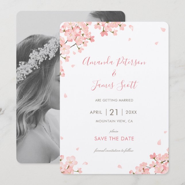 Pink Sakura Japanese Cherry Blossoms Save the Date Invitation (Front/Back)