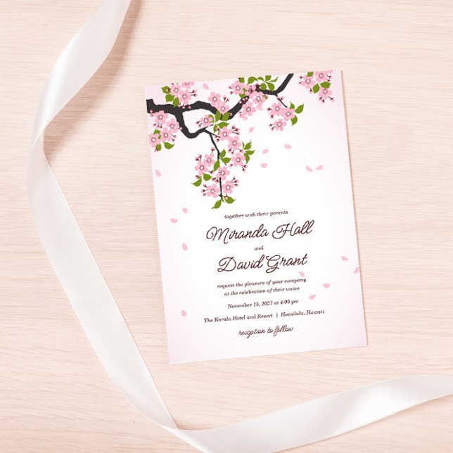 Pink Sakura Japanese Cherry Blossoms Wedding  Invitation (Creator Uploaded)