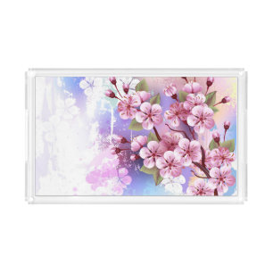 Pink Sakura on Painting Background Acrylic Tray