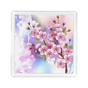 Pink Sakura on Painting Background Acrylic Tray