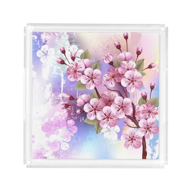 Pink Sakura on Painting Background Acrylic Tray (Front)