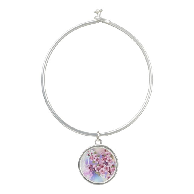 Pink Sakura on Painting Background Bangle Bracelet (Front)