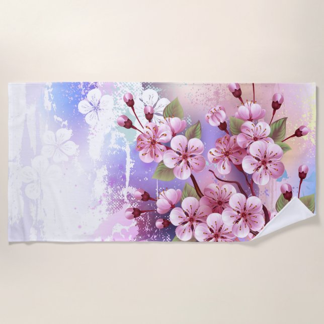 Pink Sakura on Painting Background Beach Towel (Front)