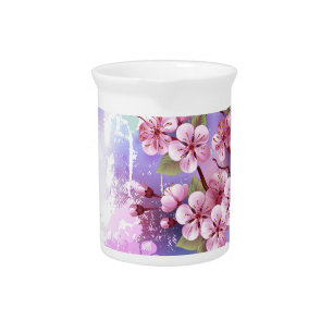 Pink Sakura on Painting Background Beverage Pitcher