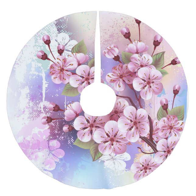 Pink Sakura on Painting Background Brushed Polyester Tree Skirt (Front)