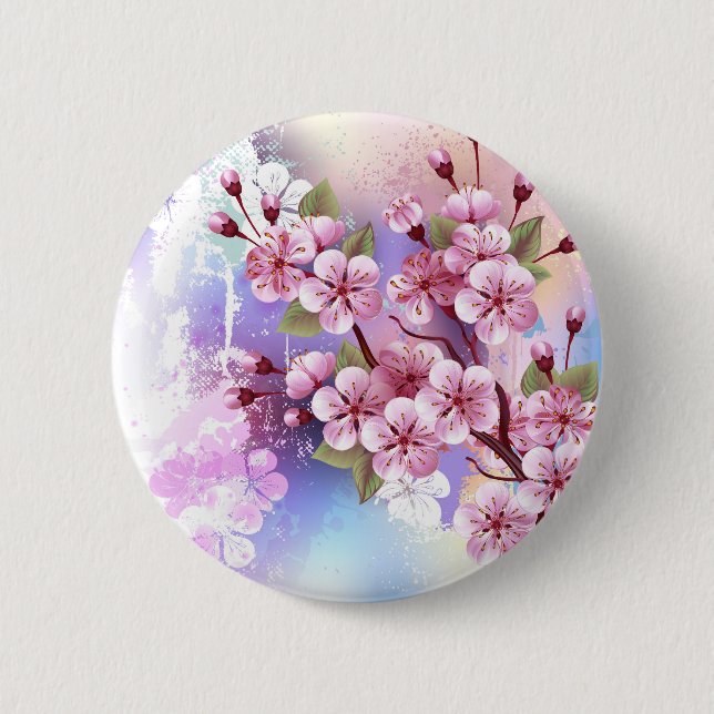 Pink Sakura on Painting Background Button (Front)