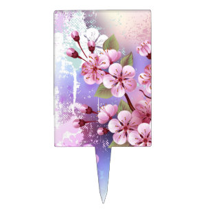 Pink Sakura on Painting Background Cake Topper