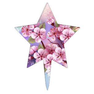 Pink Sakura on Painting Background Cake Topper