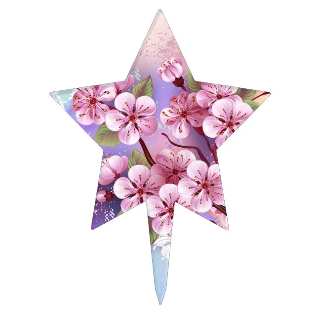 Pink Sakura on Painting Background Cake Topper (Front)