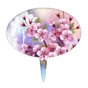 Pink Sakura on Painting Background Cake Topper