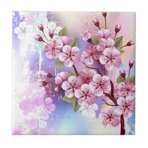 Pink Sakura on Painting Background Ceramic Tile