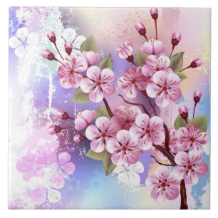 Pink Sakura on Painting Background Ceramic Tile