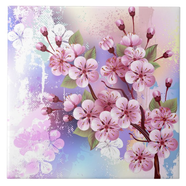 Pink Sakura on Painting Background Ceramic Tile (Front)