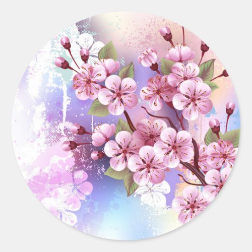 Pink Sakura on Painting Background Classic Round Sticker