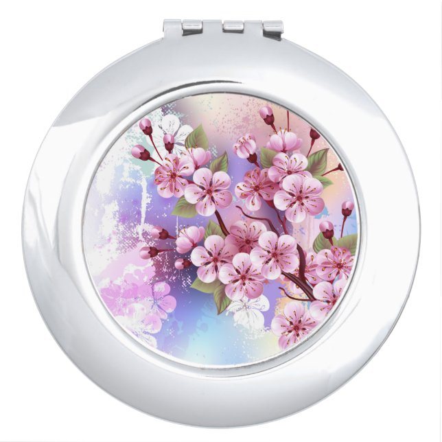 Pink Sakura on Painting Background Compact Mirror (Front)