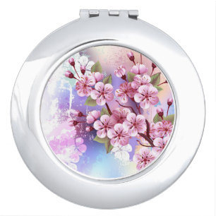 Pink Sakura on Painting Background Compact Mirror