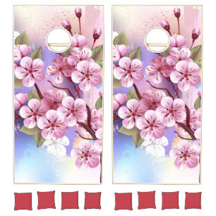 Pink Sakura on Painting Background Cornhole Set