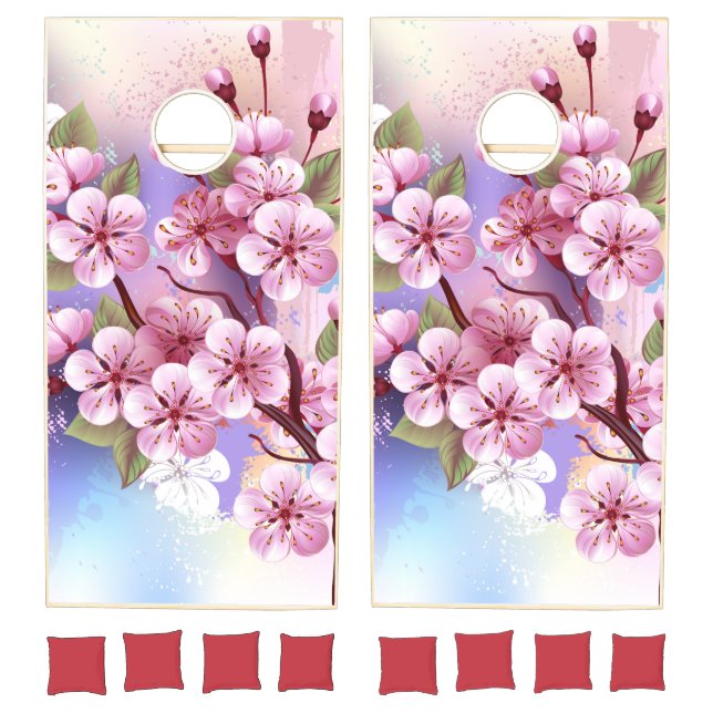 Pink Sakura on Painting Background Cornhole Set (Set)