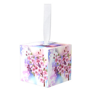Pink Sakura on Painting Background Cube Ornament