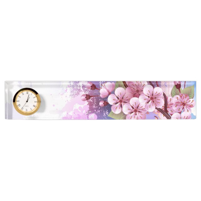 Pink Sakura on Painting Background Desk Name Plate (Front)