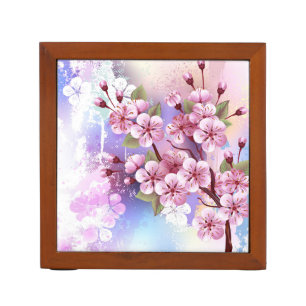 Pink Sakura on Painting Background Desk Organizer