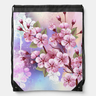 Pink Sakura on Painting Background Drawstring Bag