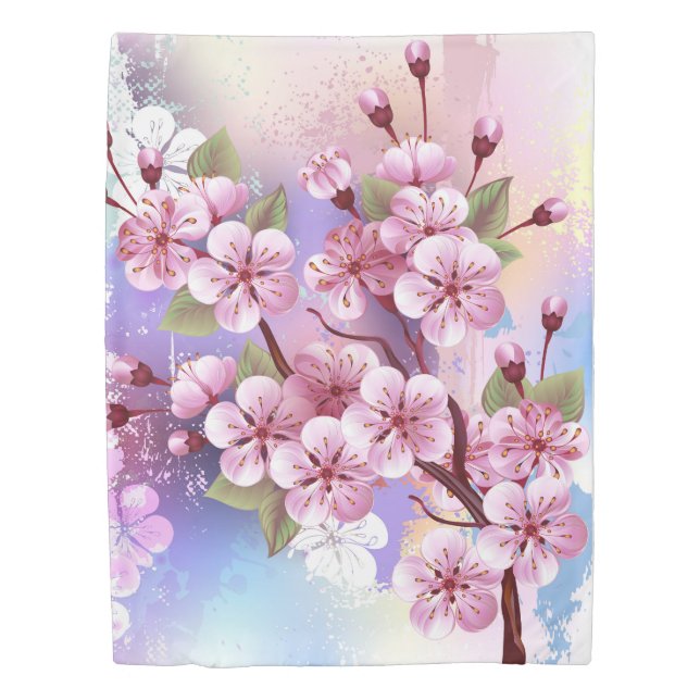 Pink Sakura on Painting Background Duvet Cover (Front)