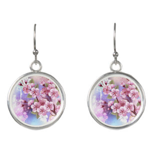 Pink Sakura on Painting Background Earrings