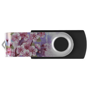 Pink Sakura on Painting Background Flash Drive