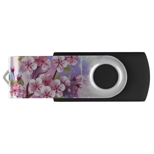 Pink Sakura on Painting Background Flash Drive (Back)